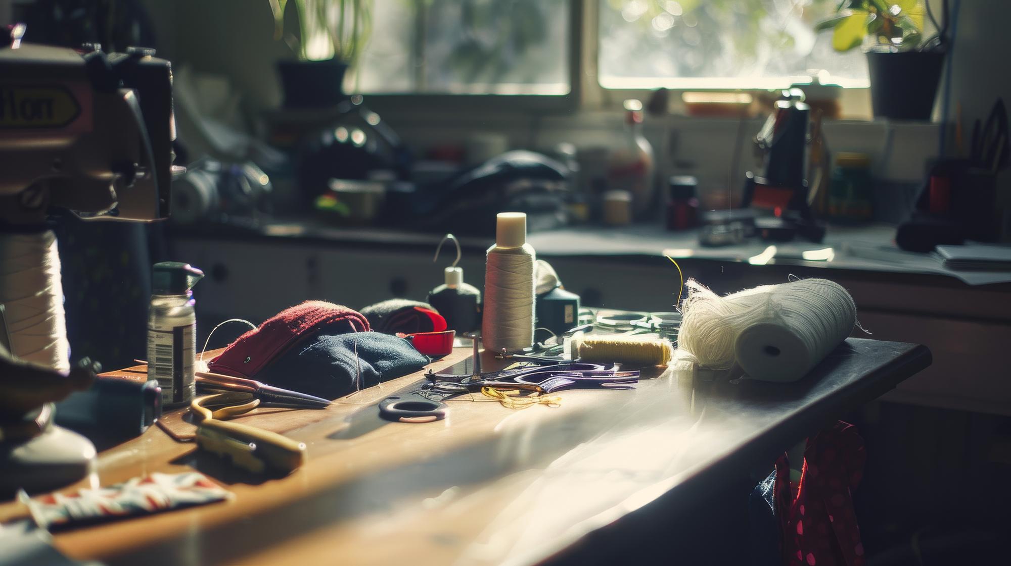 Atelier cu mese de lucru și materiale pentru broderie